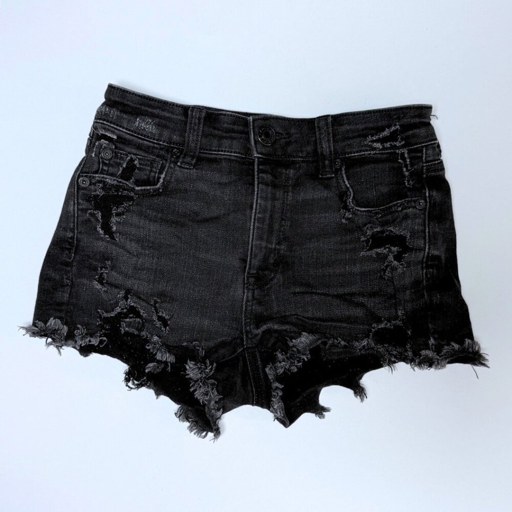 American Eagle Hi Rise Shortie Black Denim Stretch Shorts Distressed Size 0 - Picture 4 of 11